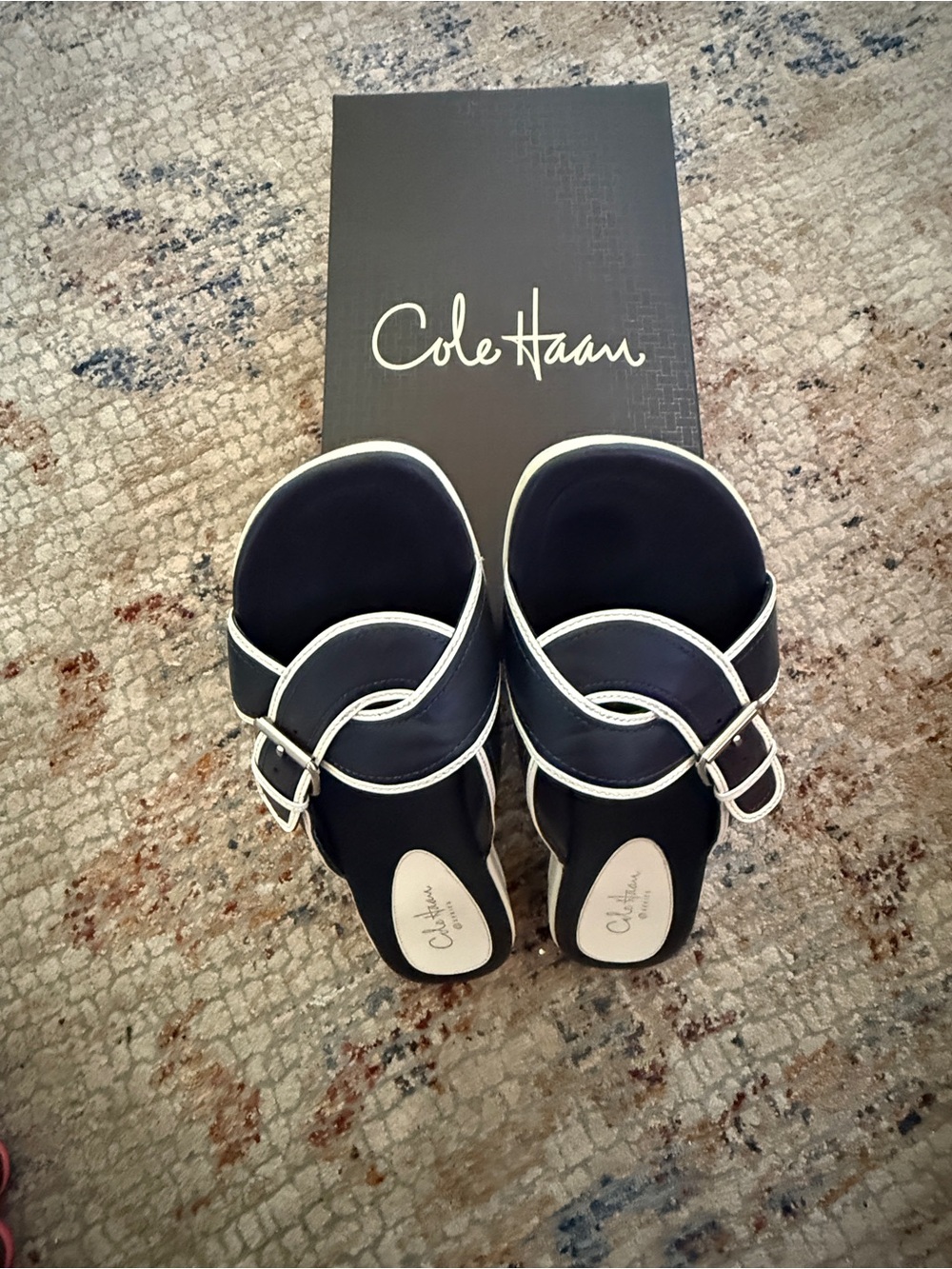 Cole Haan Black and White Buckle Slide Mules